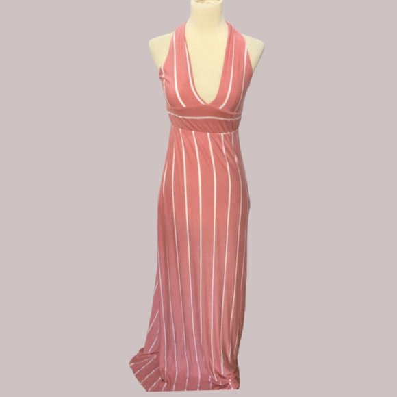 Loila Dresses & Skirts - Loila Long Peach/White Striped Halter Dress SP